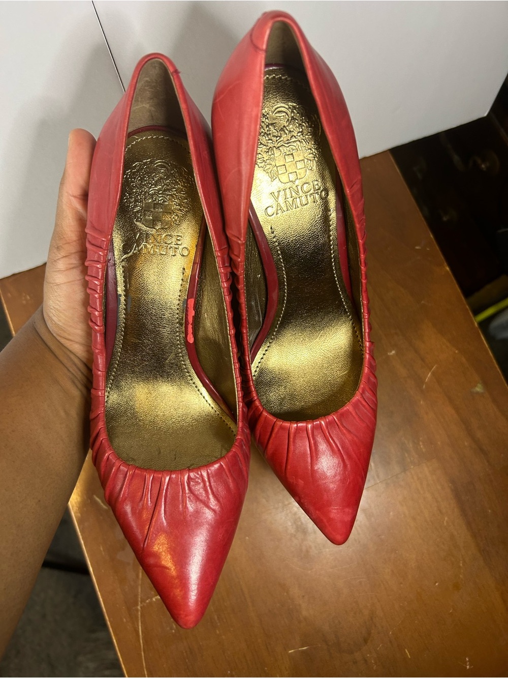 Venezia Red Pointed Leather Pumps with Ruched Vamp Size 6